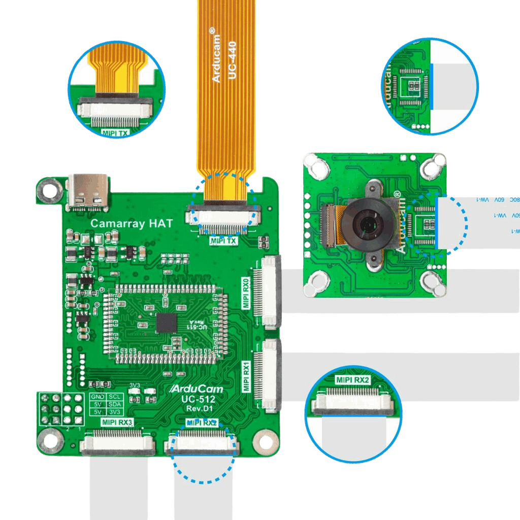 Arducam 1MP*4 Quadrascopic Camera displayed with cables and interfaces